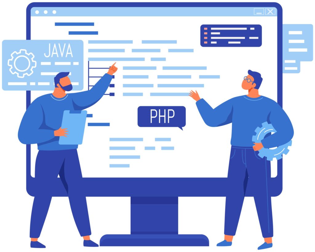 Desenho de profissionais de engenharia de software ead trabalhando com criação de programação de computador